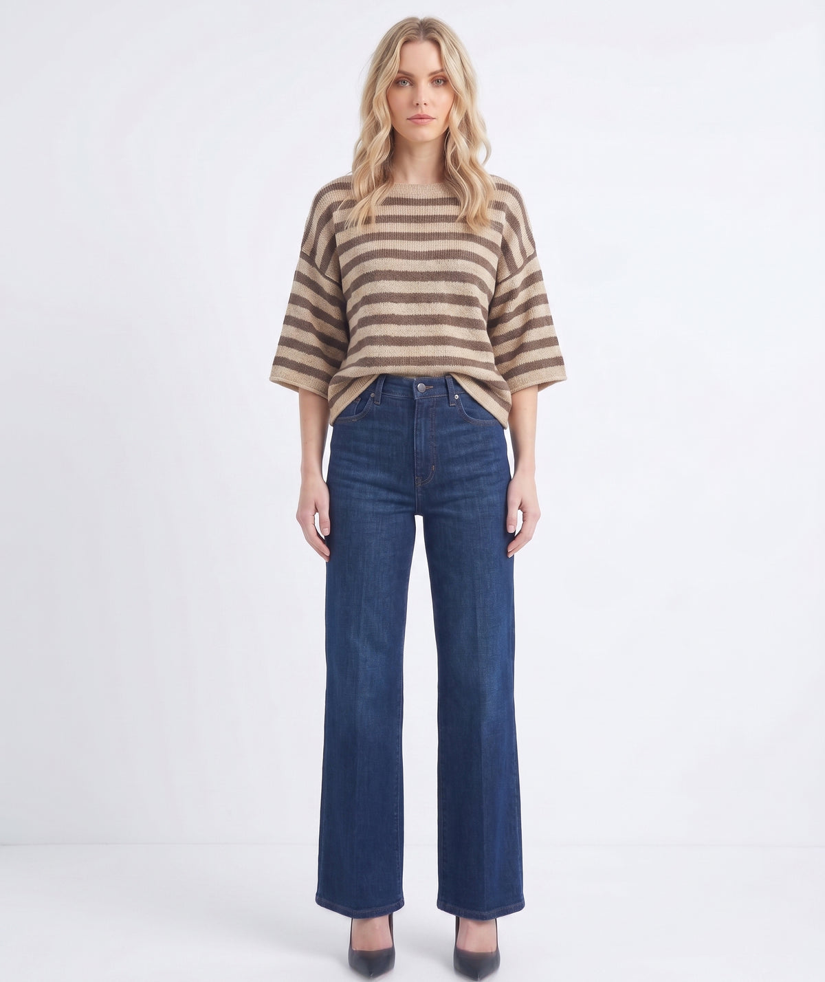 The Montauk Striped Boatneck Elbow-Sleeve Knit Top in Taupe & Brown