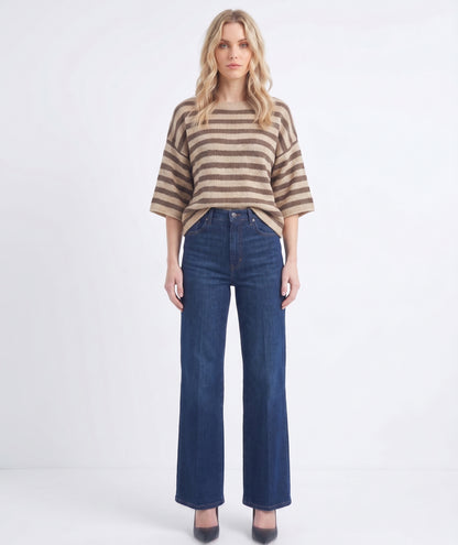 The Montauk Striped Boatneck Elbow-Sleeve Knit Top in Taupe & Brown