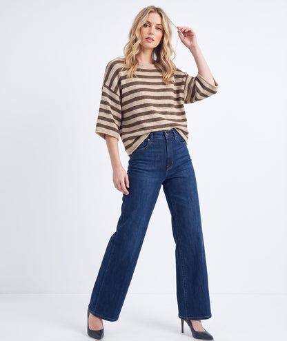 The Montauk Striped Boatneck Elbow-Sleeve Knit Top in Taupe & Brown
