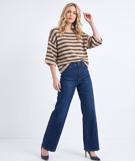 The Montauk Striped Boatneck Elbow-Sleeve Knit Top in Taupe & Brown