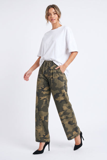 The Rebel Pleated Drawstring Camo Wide-Leg Pants in Olive