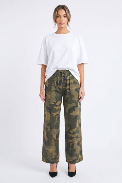 The Rebel Pleated Drawstring Camo Wide-Leg Pants in Olive