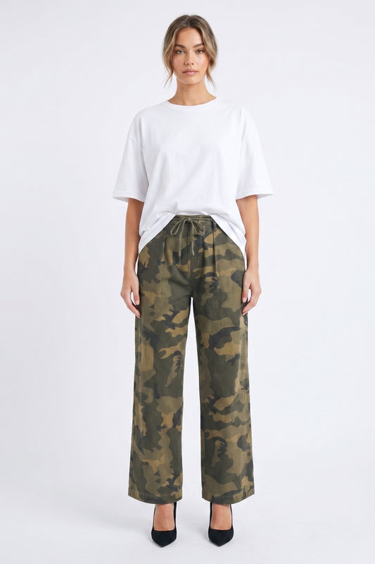 The Rebel Pleated Drawstring Camo Wide-Leg Pants in Olive