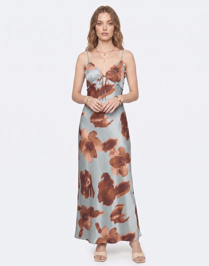 The Marina Watercolor Floral Cutout Satin Maxi Dress in Slate Blue