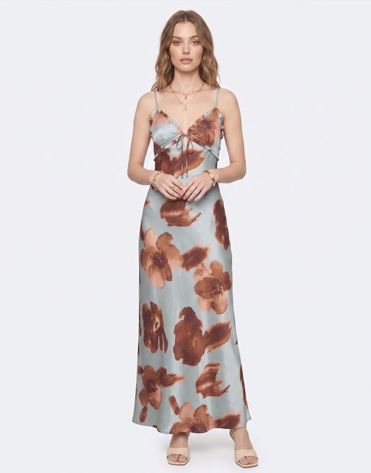 The Marina Watercolor Floral Cutout Satin Maxi Dress in Slate Blue