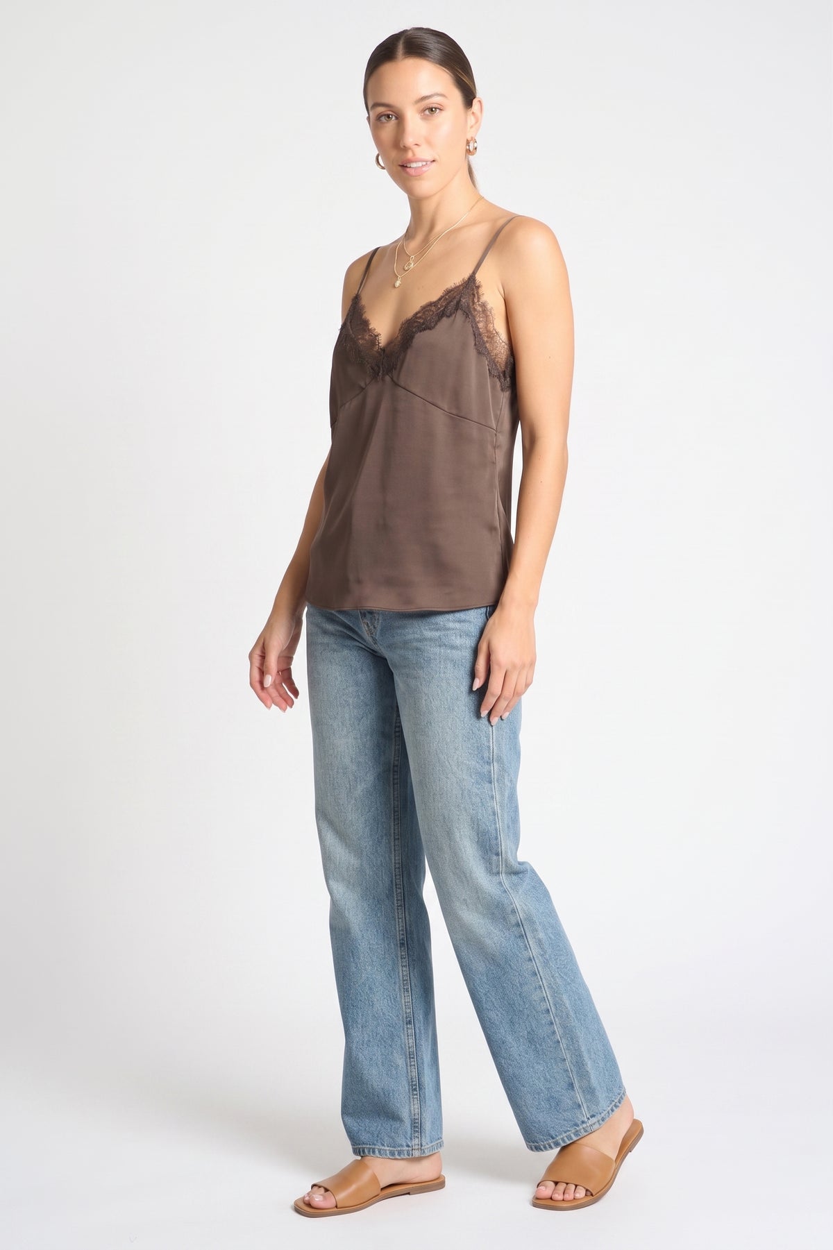 The Genevieve Eyelash Lace Satin Cami Top in Espresso