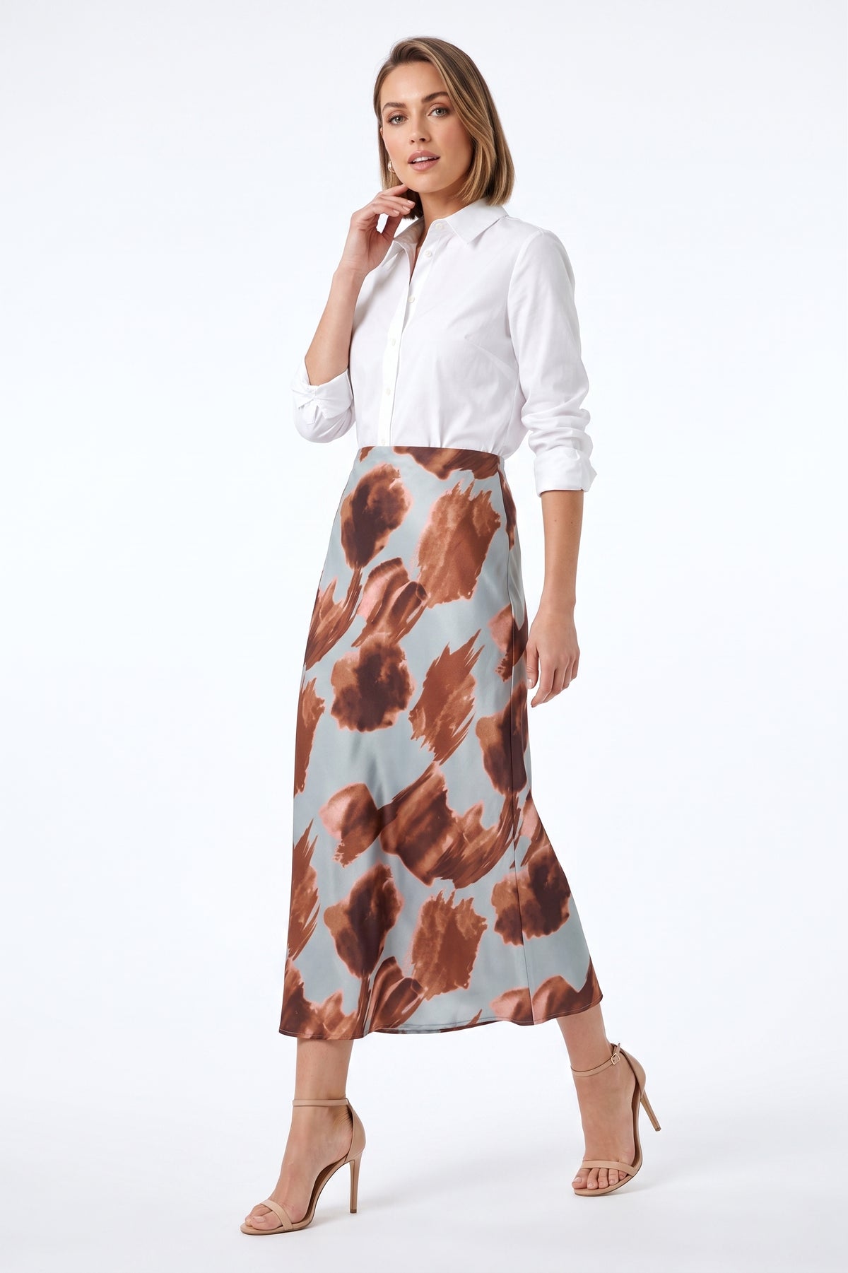 The Marina Watercolor Floral Bias-Cut Satin Midi Skirt in Slate Blue