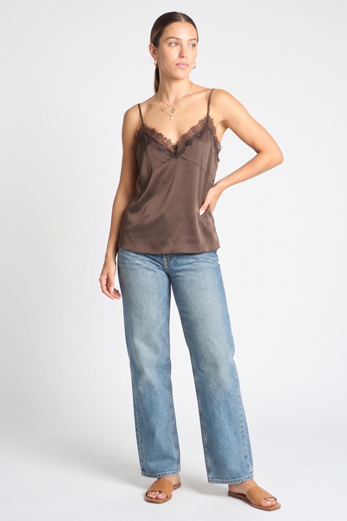 The Genevieve Eyelash Lace Satin Cami Top in Espresso