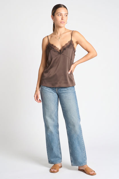 The Genevieve Eyelash Lace Satin Cami Top in Espresso