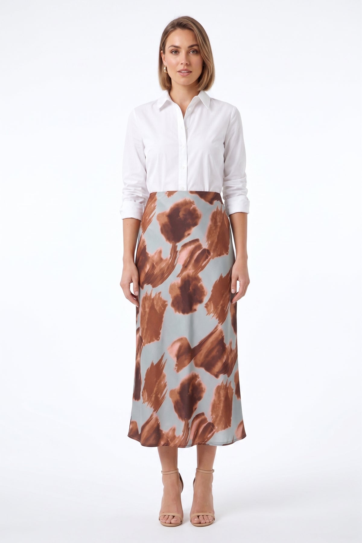 The Marina Watercolor Floral Bias-Cut Satin Midi Skirt in Slate Blue