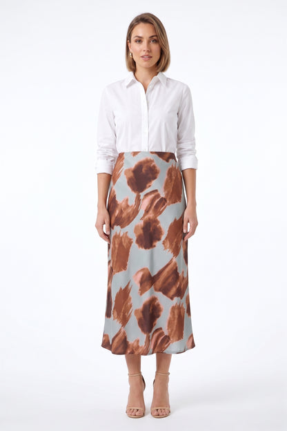 The Marina Watercolor Floral Bias-Cut Satin Midi Skirt in Slate Blue