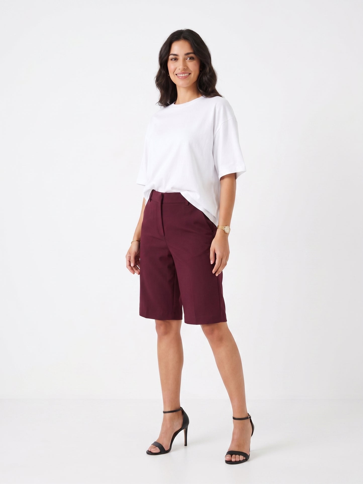 The Kensington High-Rise Tailored Bermuda Shorts in Burgundy