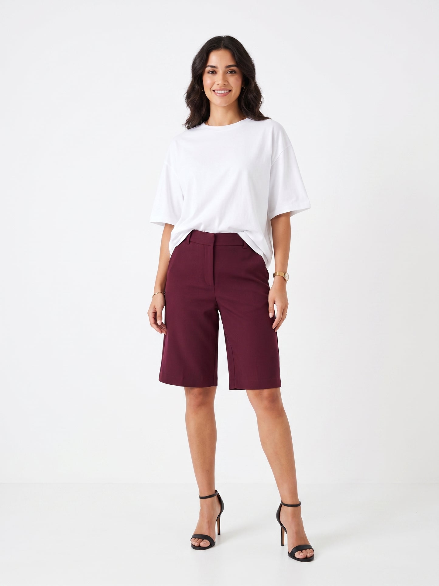 The Kensington High-Rise Tailored Bermuda Shorts in Burgundy