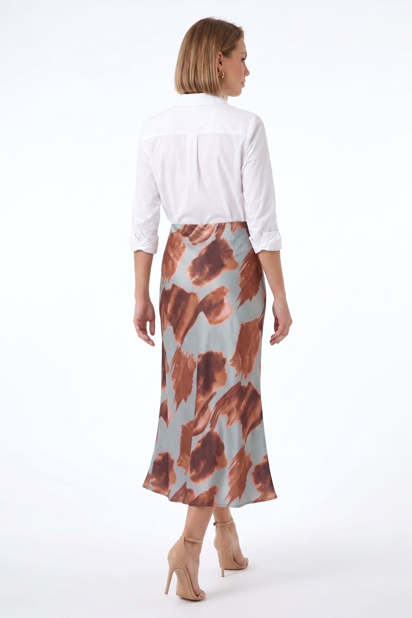 The Marina Watercolor Floral Bias-Cut Satin Midi Skirt in Slate Blue
