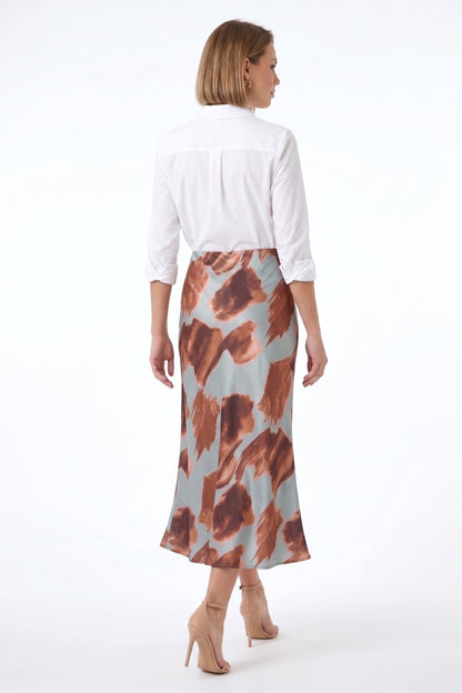 The Marina Watercolor Floral Bias-Cut Satin Midi Skirt in Slate Blue