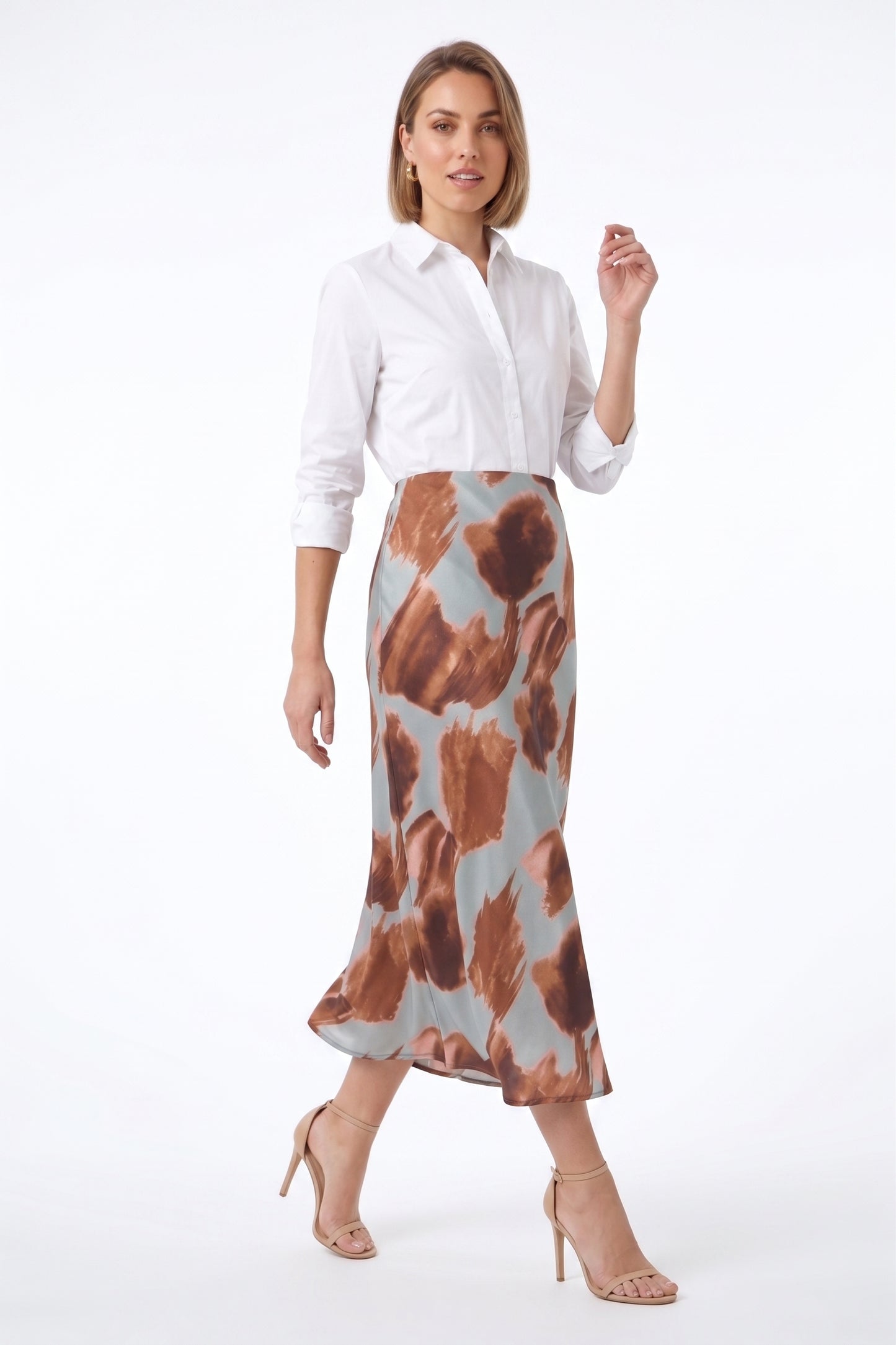 The Marina Watercolor Floral Bias-Cut Satin Midi Skirt in Slate Blue