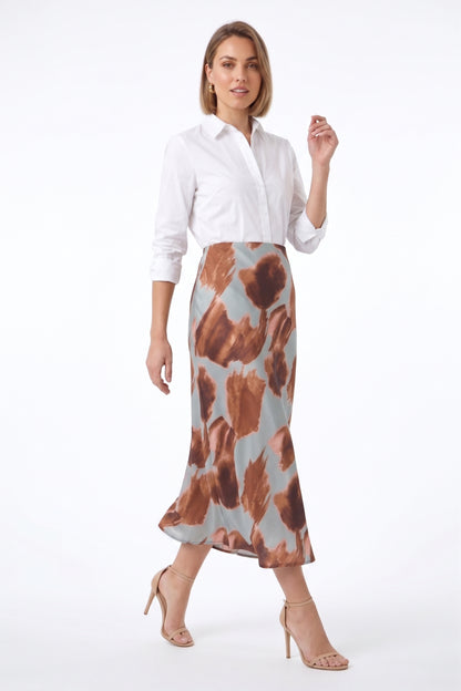 The Marina Watercolor Floral Bias-Cut Satin Midi Skirt in Slate Blue