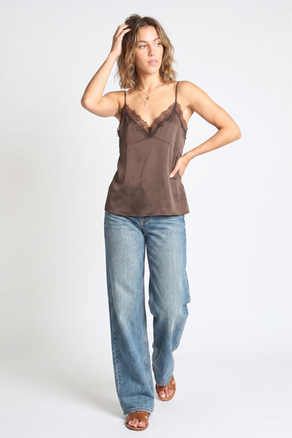 The Genevieve Eyelash Lace Satin Cami Top in Espresso
