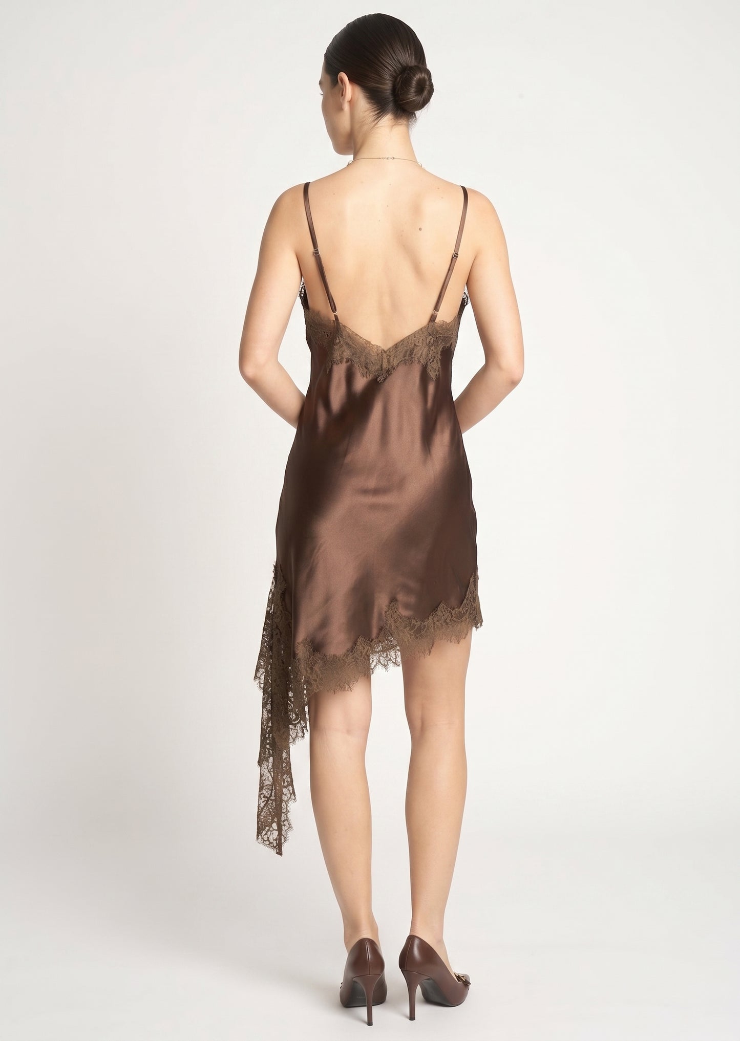 The Genevieve Eyelash Lace-Trim Asymmetrical Satin Slip Dress in Espresso