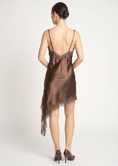 The Genevieve Eyelash Lace-Trim Asymmetrical Satin Slip Dress in Espresso