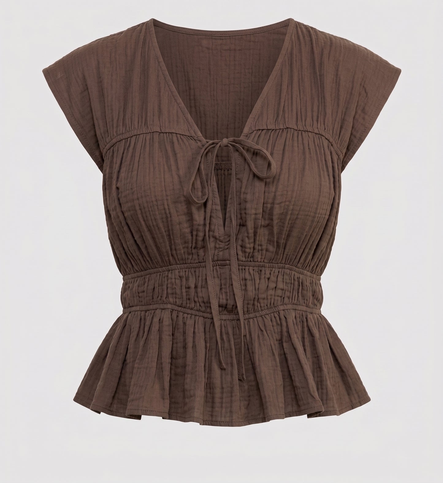 The Selah Keyhole Tie Smocked Peplum Blouse in Espresso