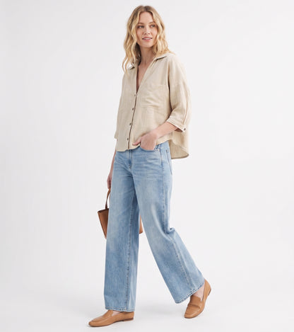 The Isla Oversized Linen Button-Down Shirt in Natural Sand