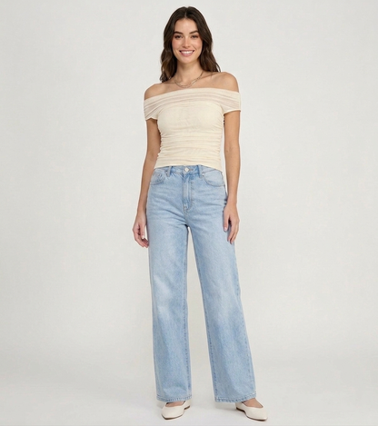 The Serene Ruched Asymmetrical Mesh Bardot Top