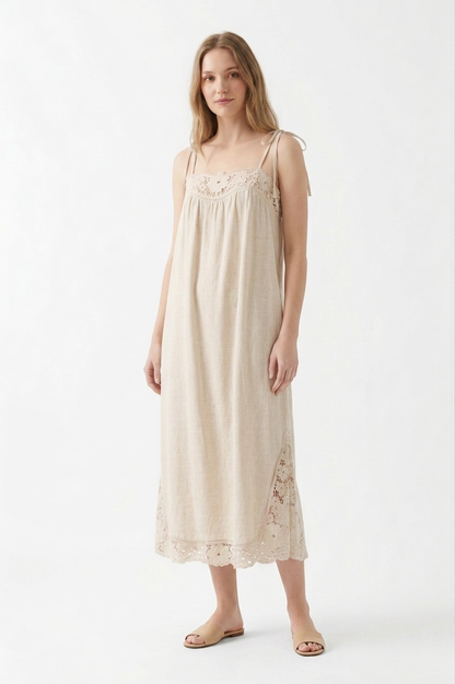 The Meadow Lace-Inset Linen Midi Dress