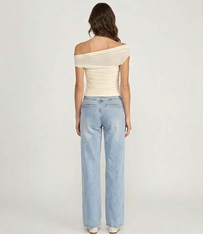 The Serene Ruched Asymmetrical Mesh Bardot Top