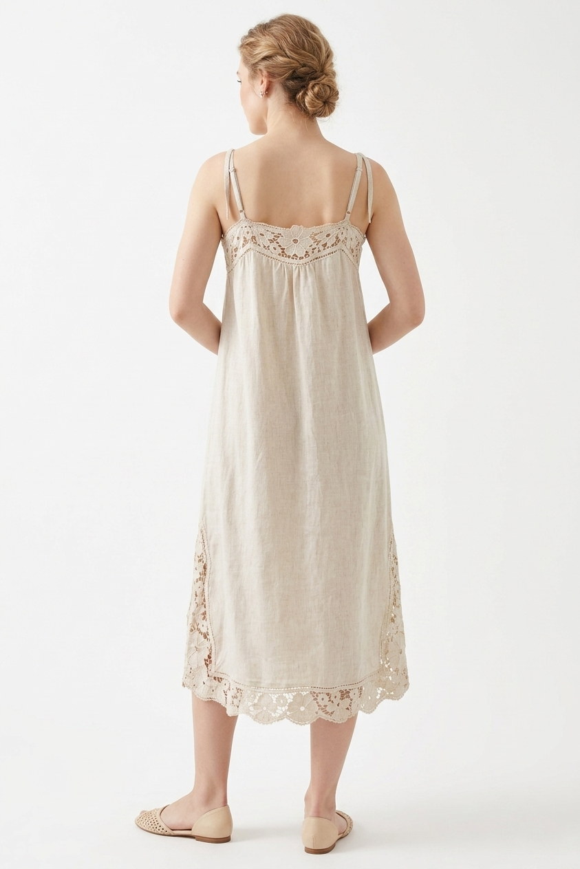 The Meadow Lace-Inset Linen Midi Dress