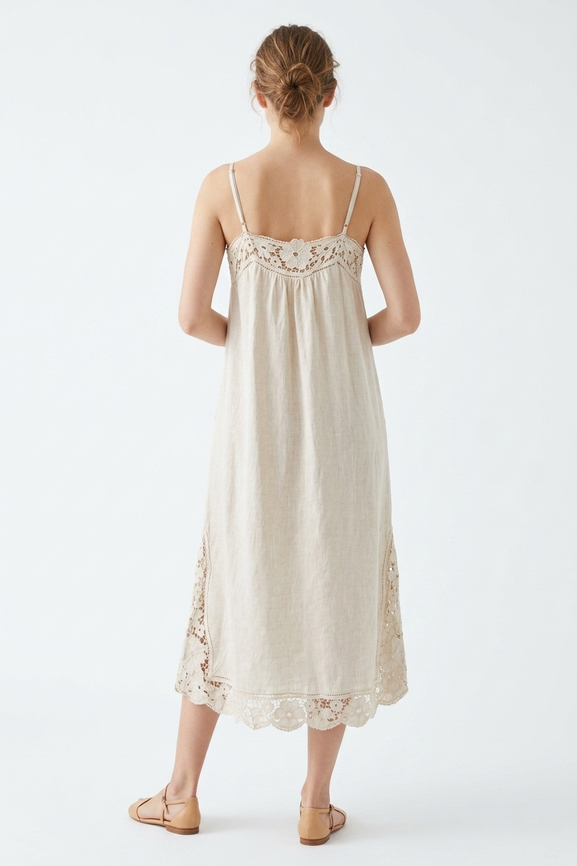 The Meadow Lace-Inset Linen Midi Dress