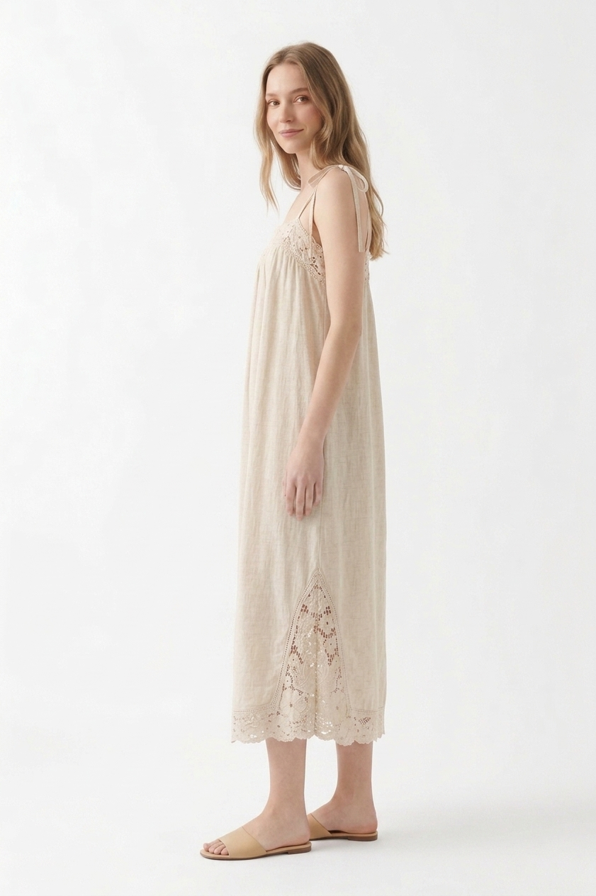 The Meadow Lace-Inset Linen Midi Dress