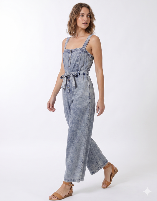 Emmie Wide-Leg Acid Wash Denim Jumpsuit