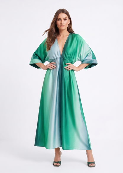 The Siren Ombré Satin Plunge Kaftan Maxi