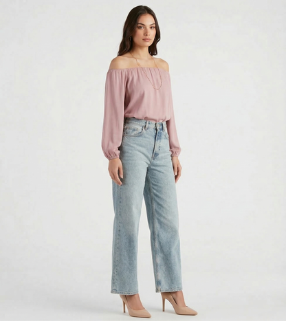 Rose Off-The-Shoulder Bishop Sleeve Blouse