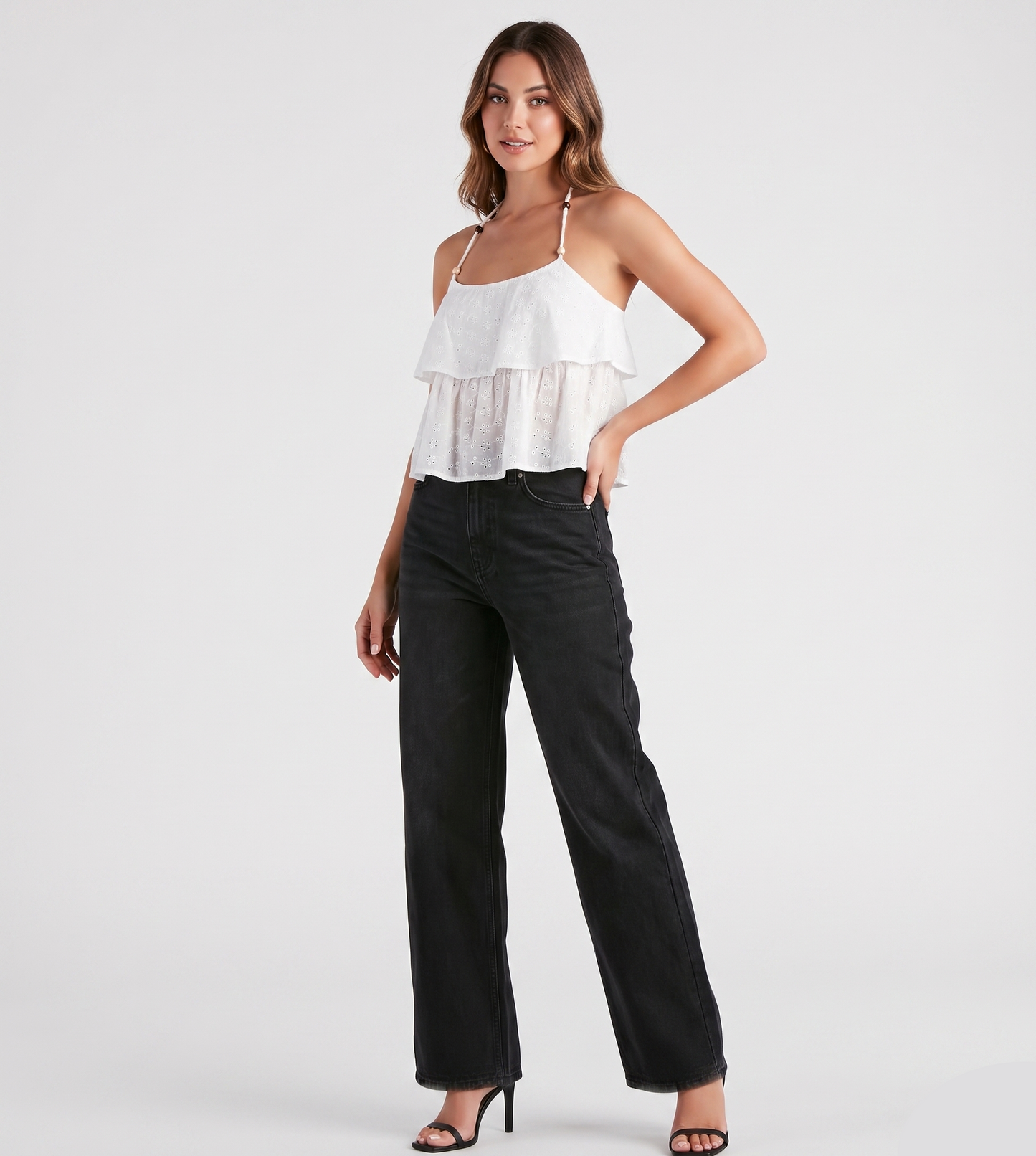 Layered Eyelet Halter Cami