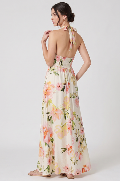 The Flora Smocked Halter Maxi with Side Slit