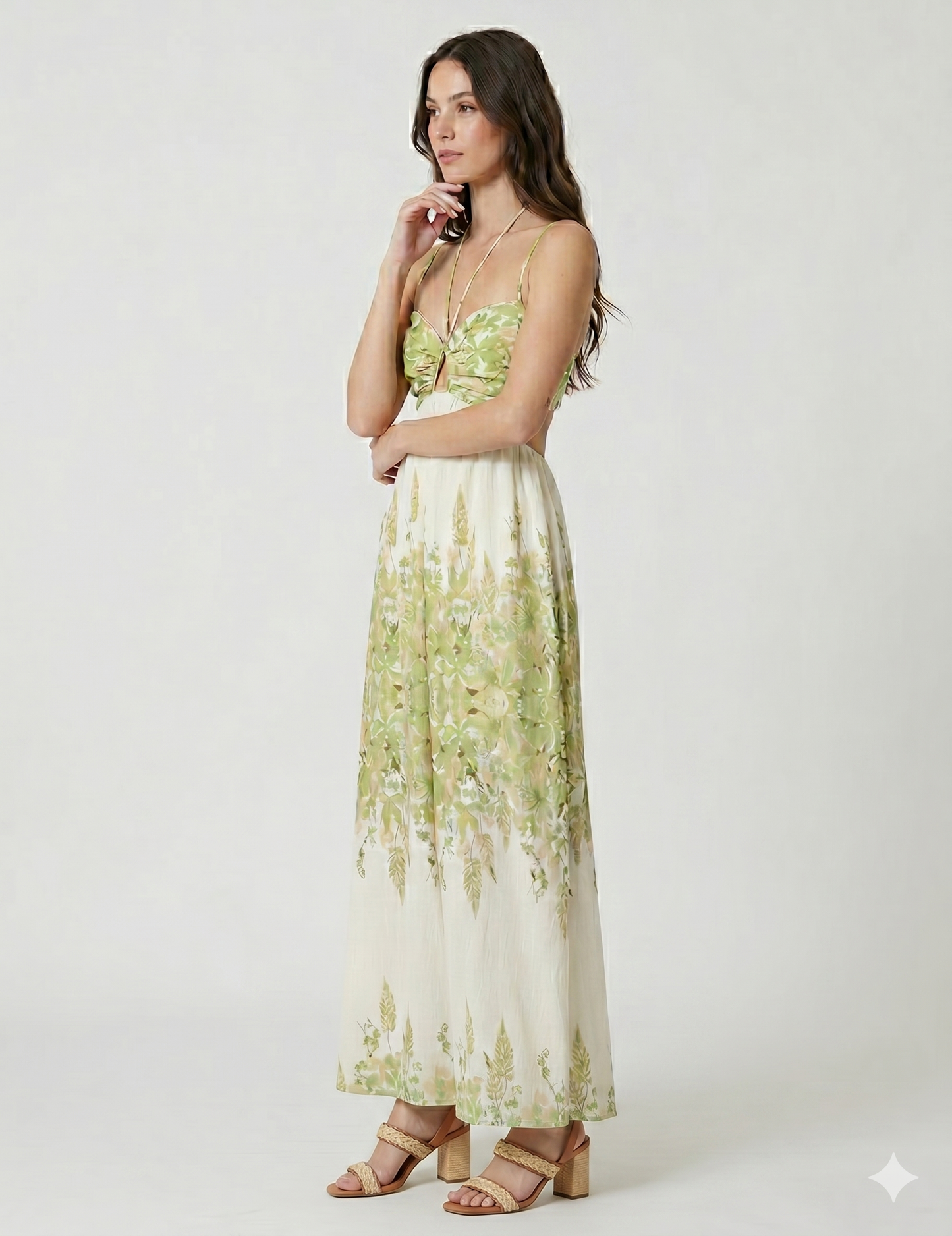 Flora Cutout Halter Maxi Dress in Sage & Cream