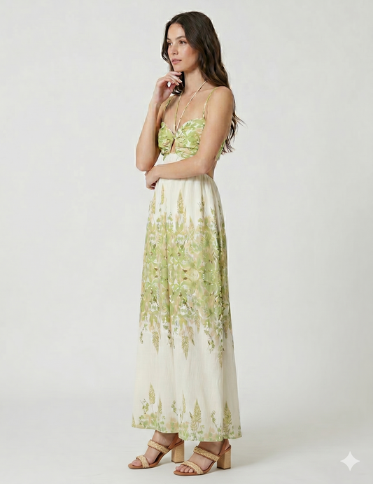 Flora Cutout Halter Maxi Dress in Sage & Cream