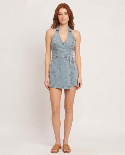 The Retro-Grade Collared Denim Wrap Halter