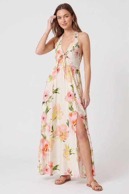 The Flora Smocked Halter Maxi with Side Slit