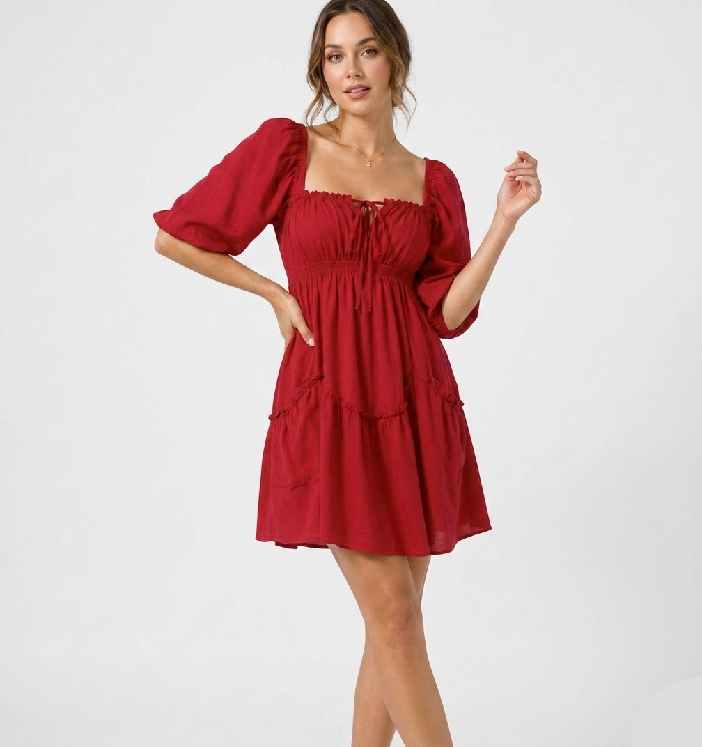 The Crimson Romance Smocked Puff Sleeve Mini Dress