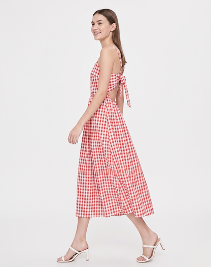 Clara Gingham Cutout Midi Dress in Red & White