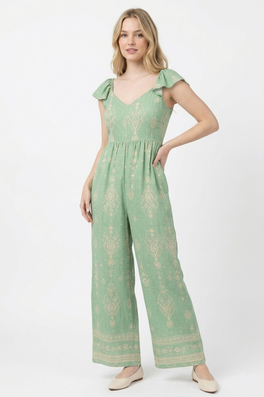 The Flora Sage Flutter-Sleeve Tie-Back Jumpsuit