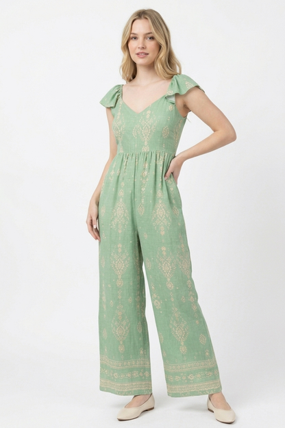 The Flora Sage Flutter-Sleeve Tie-Back Jumpsuit