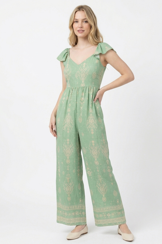 The Flora Sage Flutter-Sleeve Tie-Back Jumpsuit