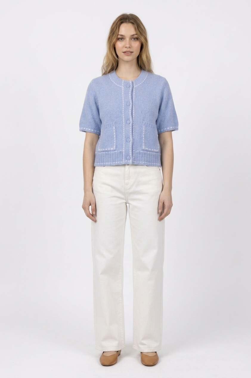 The Camille Contrast-Stitch Short Sleeve Cardigan