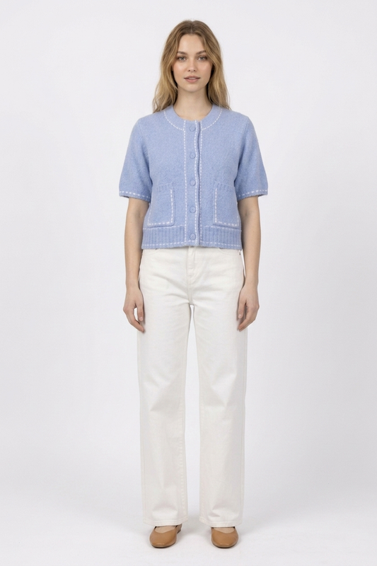 The Camille Contrast-Stitch Short Sleeve Cardigan