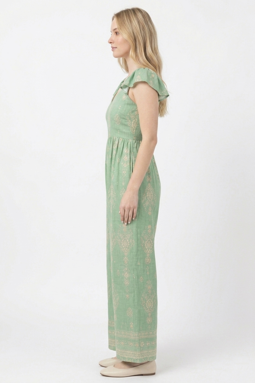 The Flora Sage Flutter-Sleeve Tie-Back Jumpsuit
