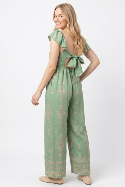 The Flora Sage Flutter-Sleeve Tie-Back Jumpsuit